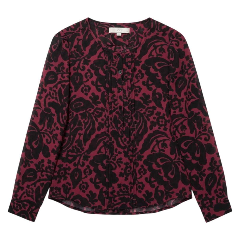 Ann Taylor Shirt Womens XSP Petite Red Black Floral Pintuck Semi Sheer‎ Blouse